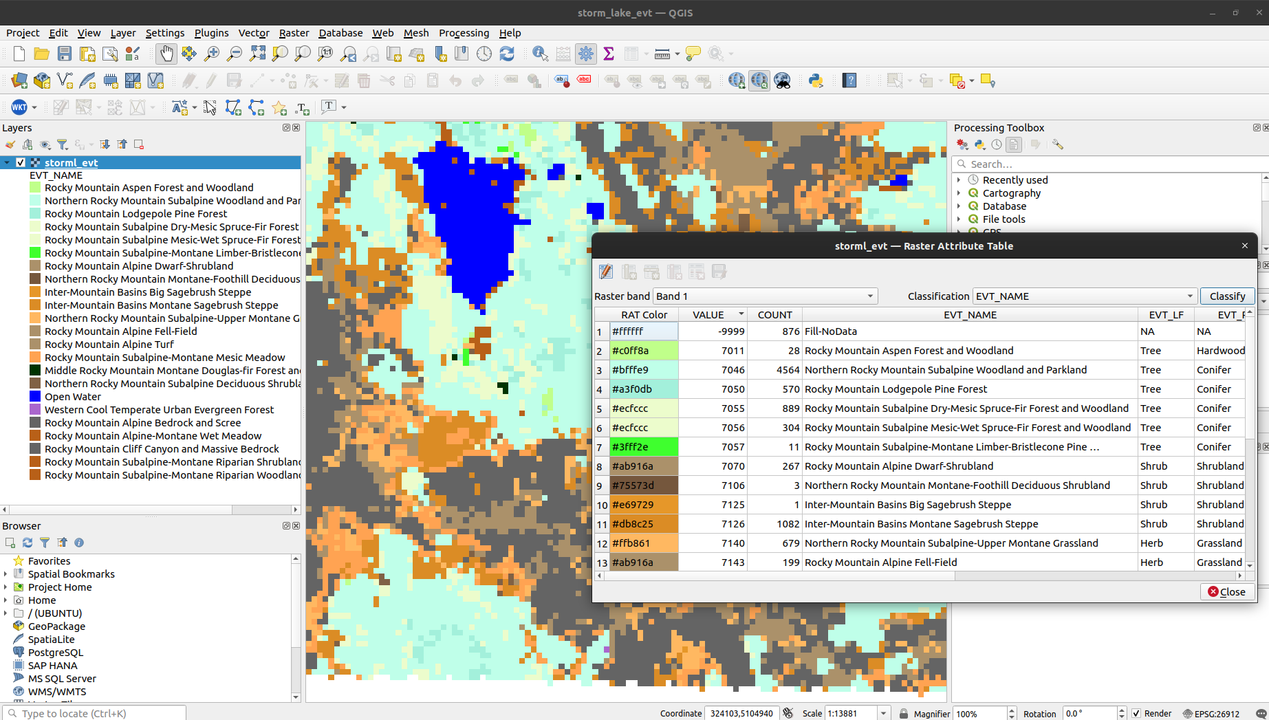 A screen capture of the QGIS desktop application showing support for GDAL raster attribute tables. The display of attribute tables in gdalraster is modeled after that of QGIS, having a similar format by default.